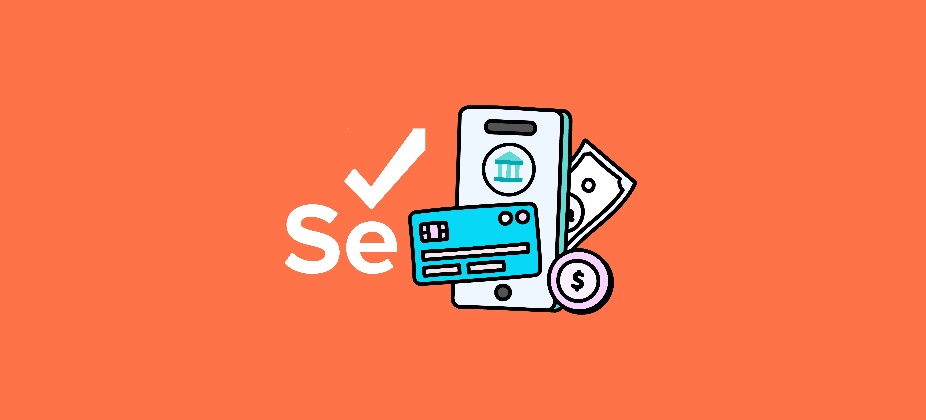 Illustration on an orange background featuring a smartphone, credit card, banknote, and coin, alongside a white checkmark and partial Selenium logo, representing financial software testing and Selenium alternatives for banking.