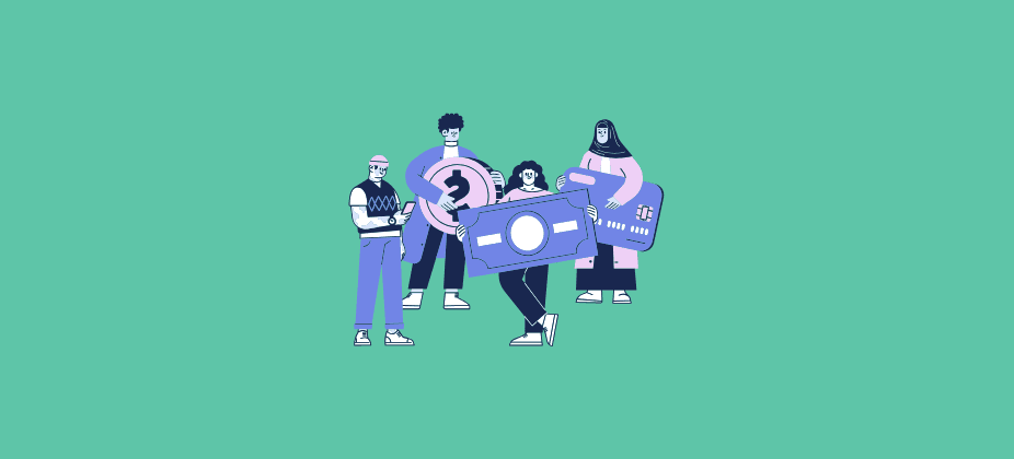 Illustration of four people holding oversized payment cards and a dollar symbol, representing digital payments, embedded finance, banking services, and modern payment technology.