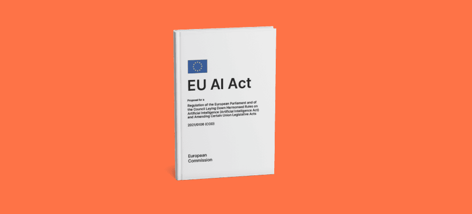 Illustration of the cover of the EU AI Act on a white booklet against an orange background, representing the European Union's artificial intelligence regulation.  Select 76 more words to run Humanizer.