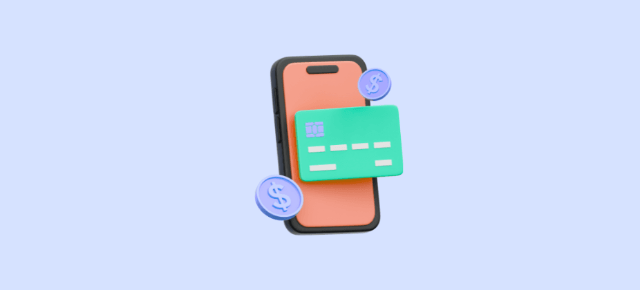 3D illustration of a smartphone with a bank card and coins, representing online banking and digital payments.