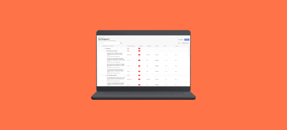 Laptop displaying a risk management dashboard with prioritized software testing risks, risk scores, and status indicators on an orange background.