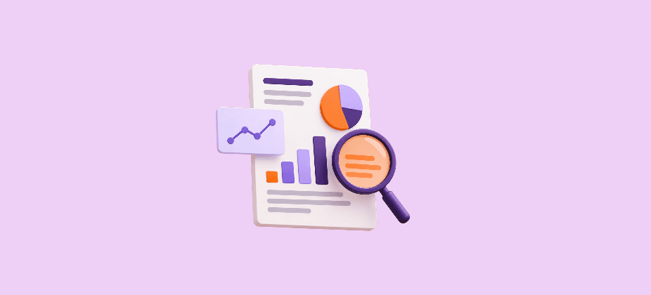 3D illustration of a software testing report with bar charts, a pie chart, and a magnifying glass in orange and purple, centred on a light lavender background.