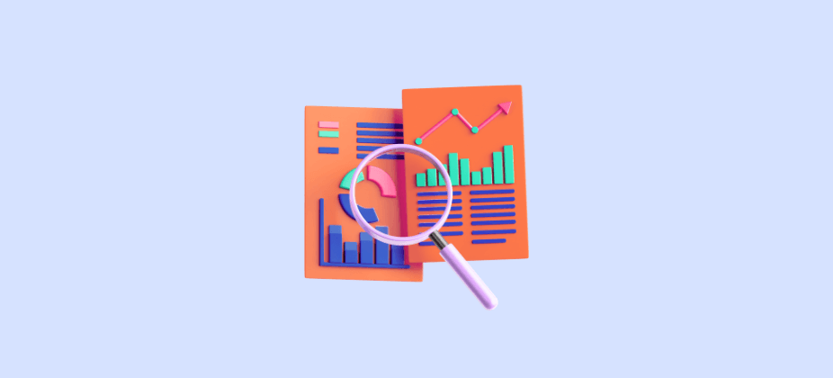 DORA metrics illustration with performance charts, graphs, and a magnifying glass.