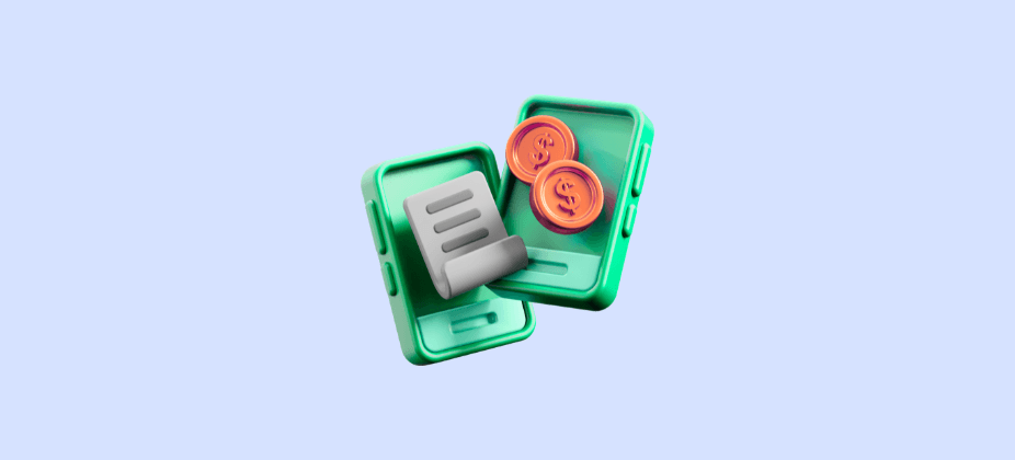 3D illustration of two overlapping green smartphones with a gray payment receipt and gold coins featuring dollar signs, representing mobile payments, digital transactions, fintech, or financial technology.