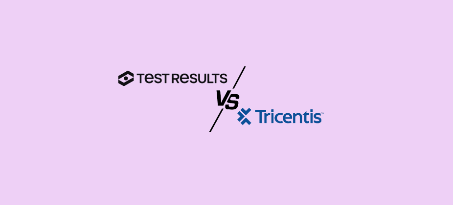 A minimalist comparison graphic on a light lavender background featuring the TestResults logo and wordmark on the left, the Tricentis logo and wordmark on the right, and a bold "VS" separated by diagonal black lines in the centre, indicating a comparison between the two software testing platforms.